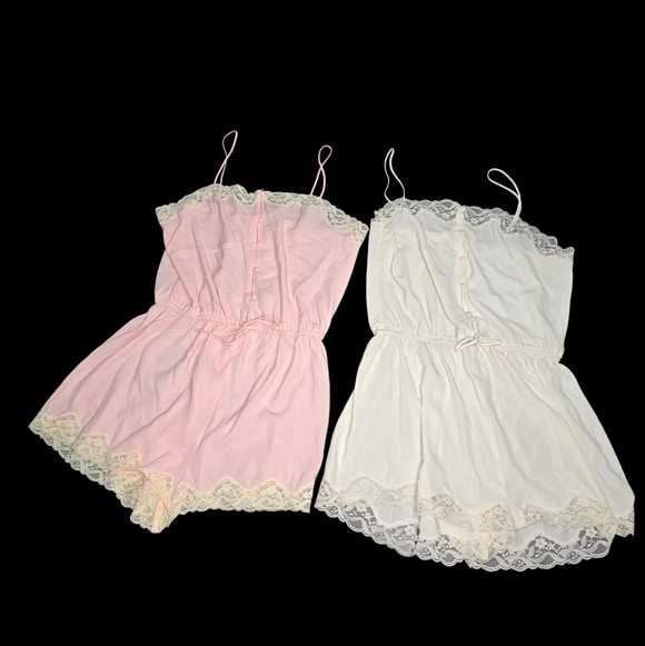 Victoria’s Secret Y2K Lace Romper Set of 2 Snap Crotch Sheer Chiffon Sz S Pink